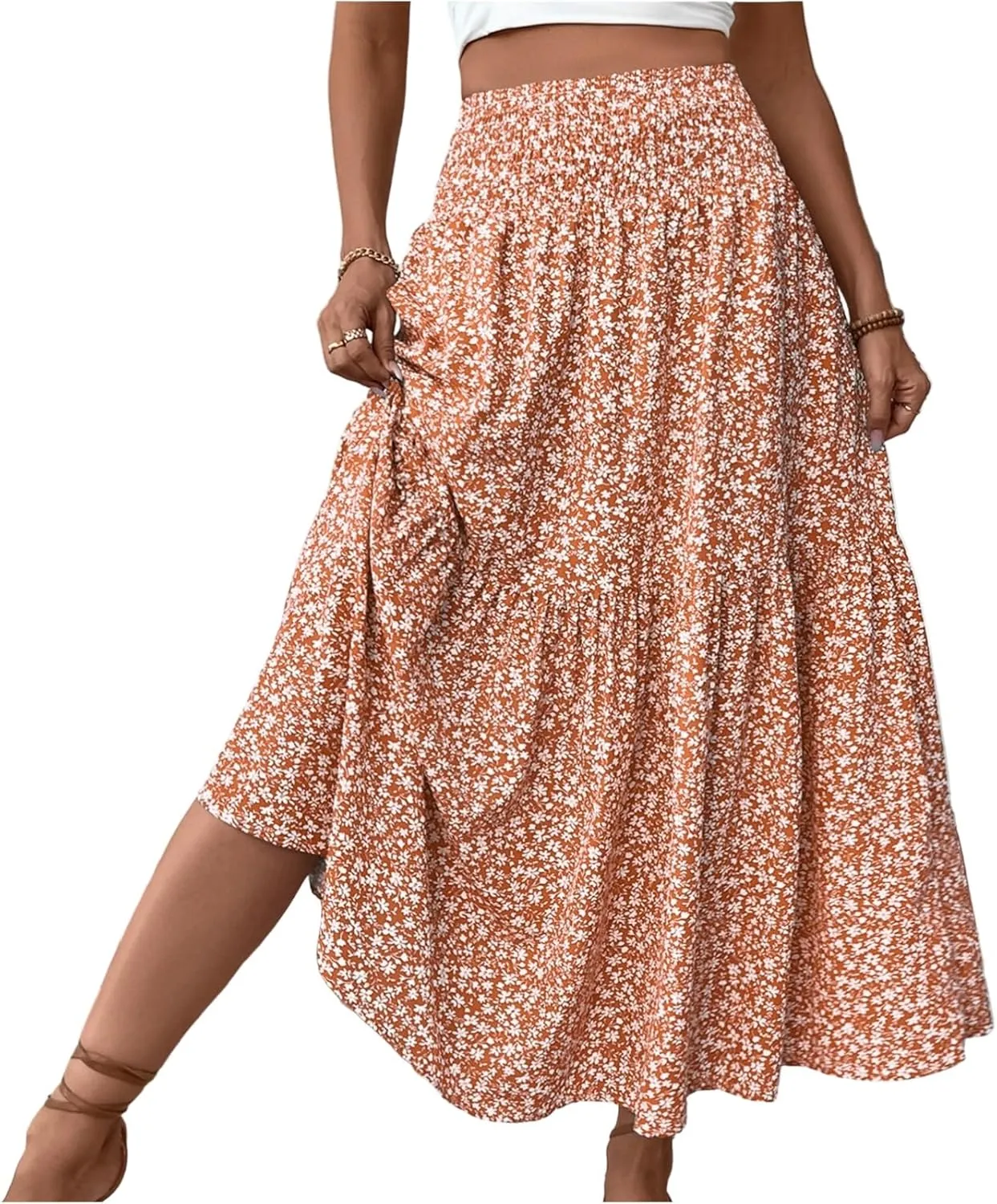 Maxi Floral Skirts for Women Smocked Ruffle Tiered High Waisted Summer Skirt with Pockets Beach Skirt for Vacation