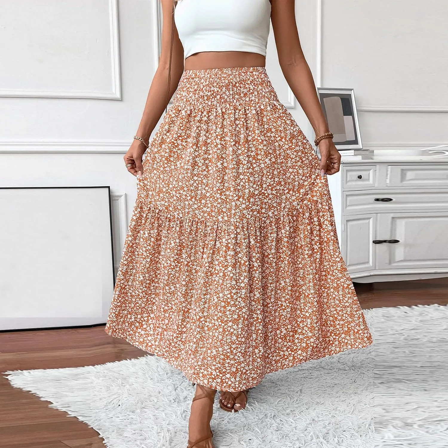 Maxi Floral Skirts for Women Smocked Ruffle Tiered High Waisted Summer Skirt with Pockets Beach Skirt for Vacation