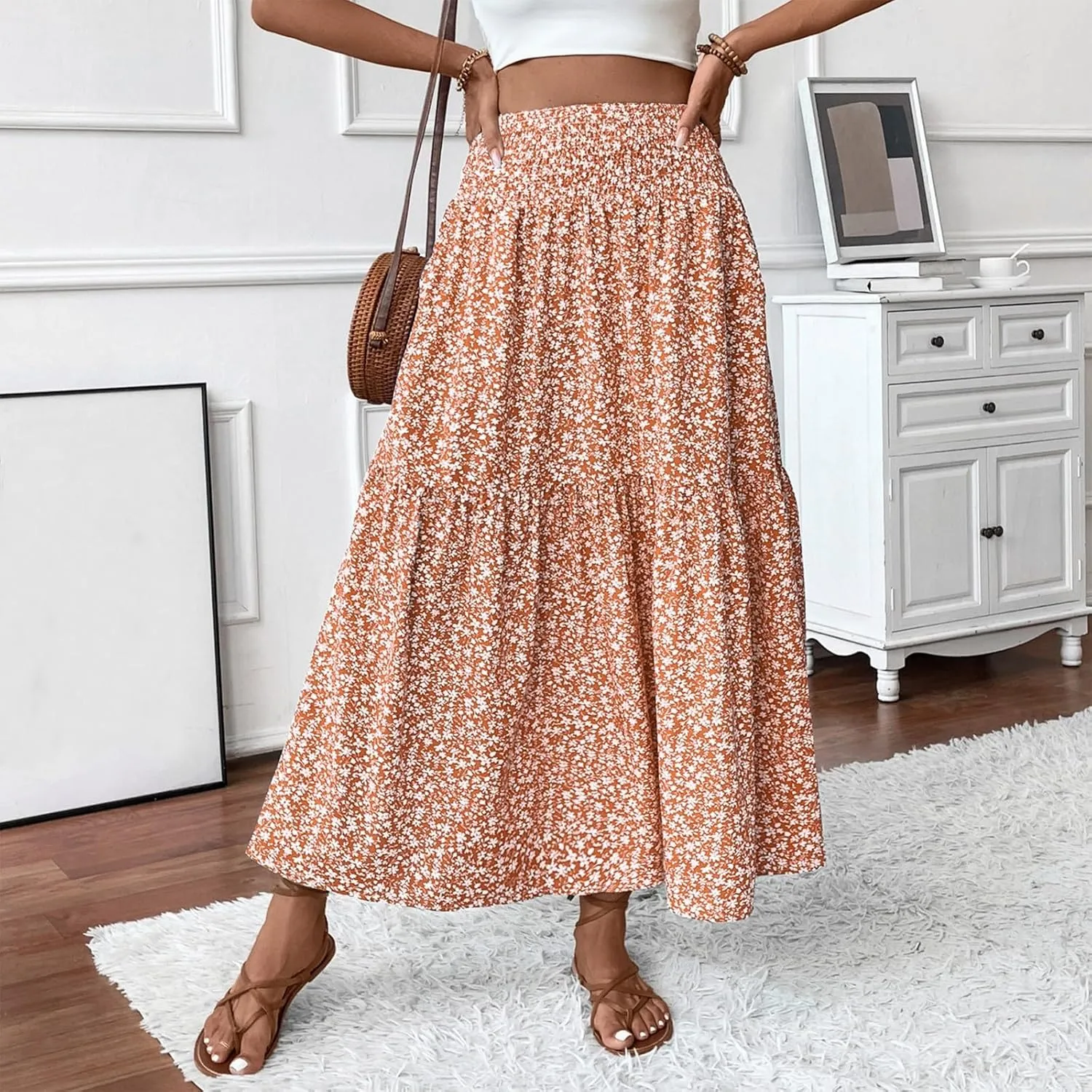 Maxi Floral Skirts for Women Smocked Ruffle Tiered High Waisted Summer Skirt with Pockets Beach Skirt for Vacation