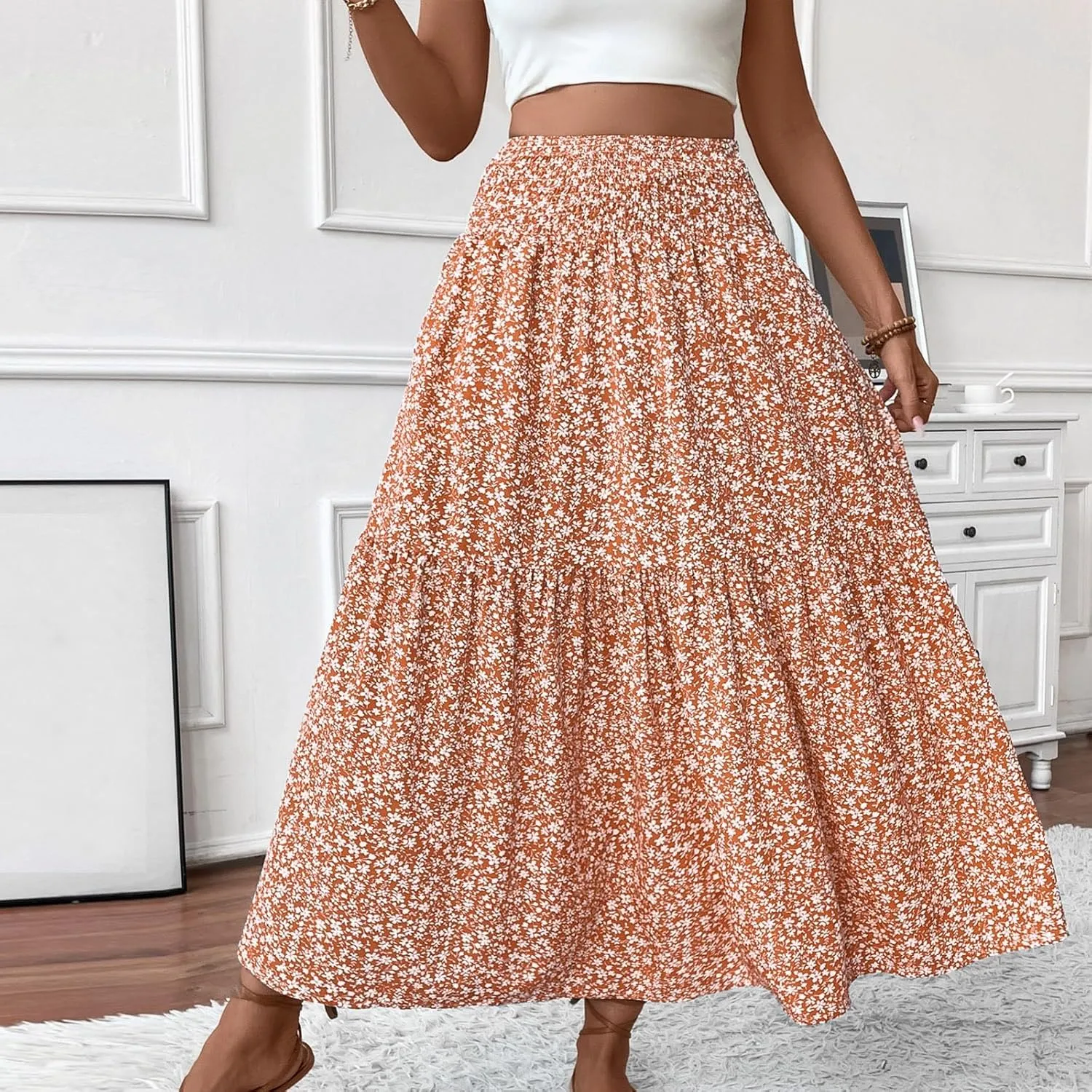 Maxi Floral Skirts for Women Smocked Ruffle Tiered High Waisted Summer Skirt with Pockets Beach Skirt for Vacation