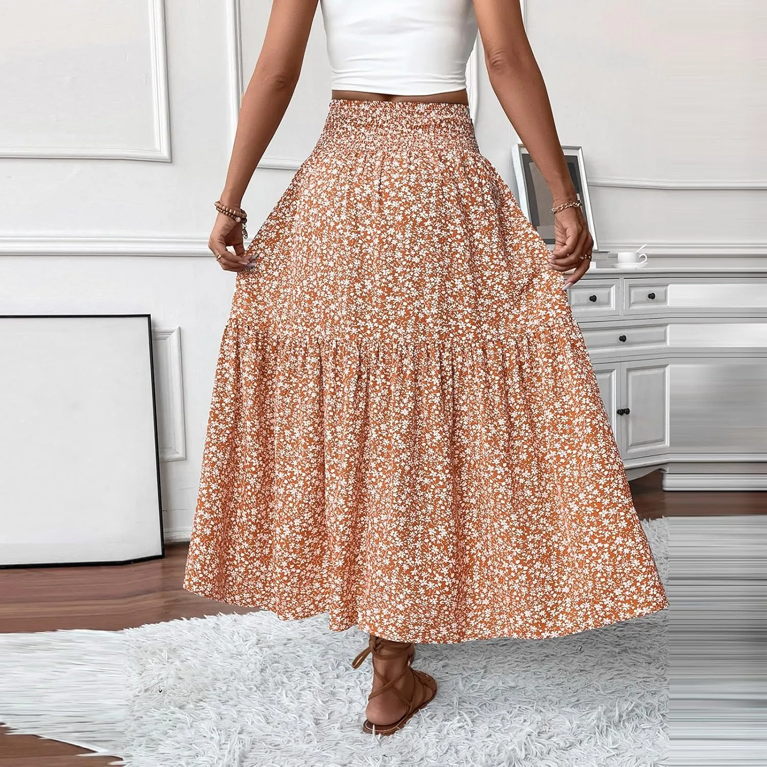 Maxi Floral Skirts for Women Smocked Ruffle Tiered High Waisted Summer Skirt with Pockets Beach Skirt for Vacation