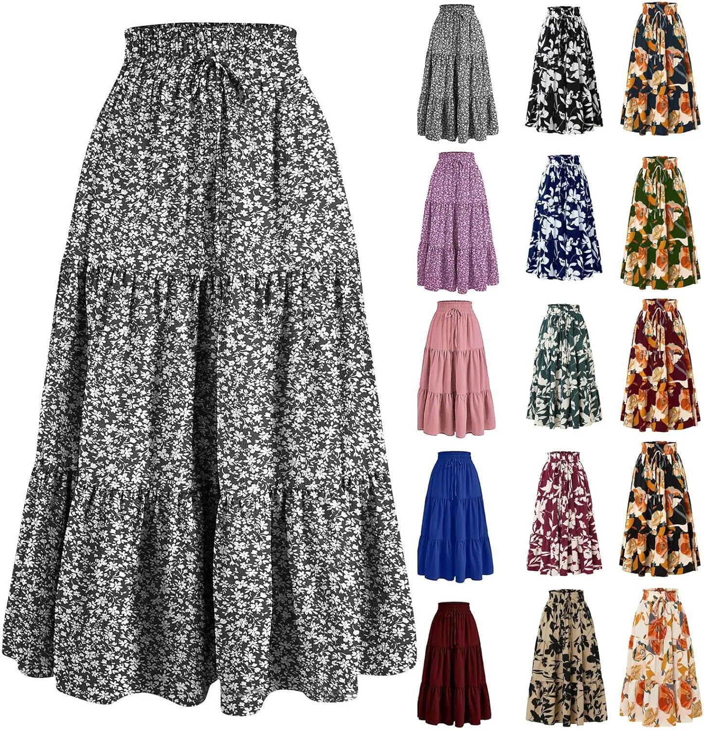 Maxi Skirts for Women 2025 Boho Floral Elastic Waist Tiered Long Skirt Flowy Summer Vacation Aline Beach Skirt