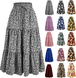 Maxi Skirts for Women 2025 Boho Floral Elastic Waist Tiered Long Skirt Flowy Summer Vacation Aline Beach Skirt