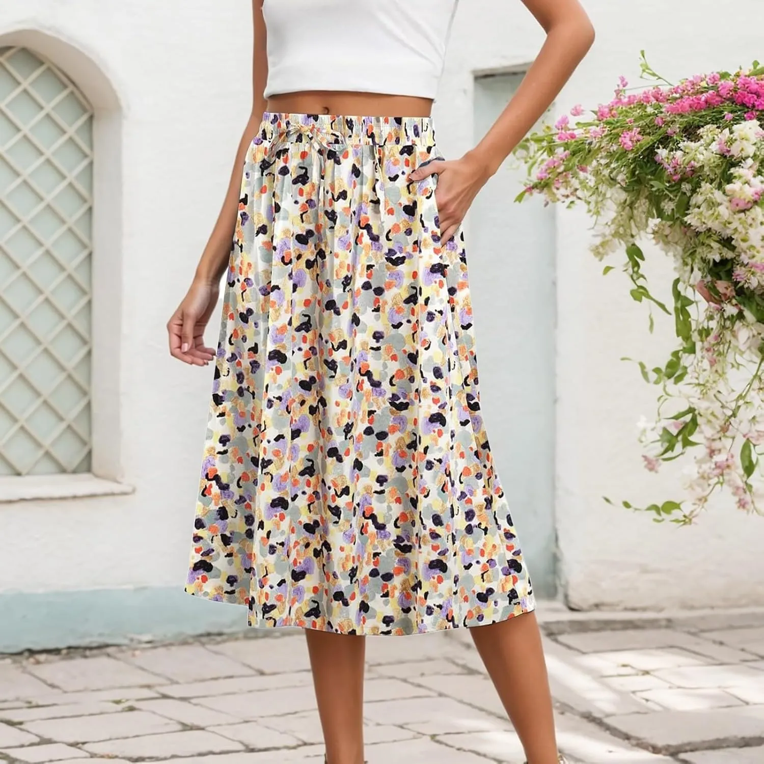 Maxi Skirts for Women 2025 Summer Vacation Comfy Drawstring Waist Pleated A-Line Beach Bohemian Casual Midi Skirts