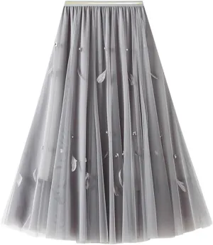 Maxi Skirts for Women 2025 Tummy Control A-Line Pleated Mesh Fairy Solid Puff Midi Skirts Loose Fit Vacation Streetwear