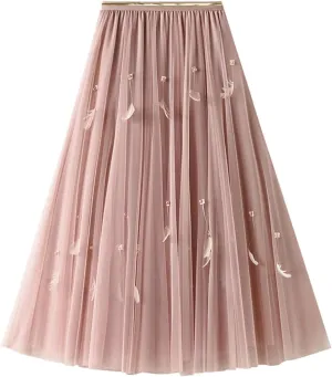 Maxi Skirts for Women 2025 Tummy Control A-Line Pleated Mesh Fairy Solid Puff Midi Skirts Loose Fit Vacation Streetwear