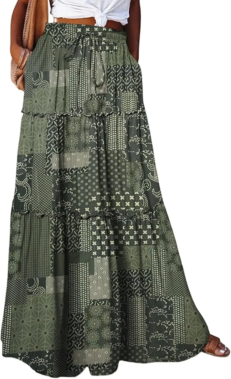 Maxi Skirts for Women Beach Boho Skirts Ruffle Tiered Flowy Swing High Waisted Summer Floral Skort with Pockets