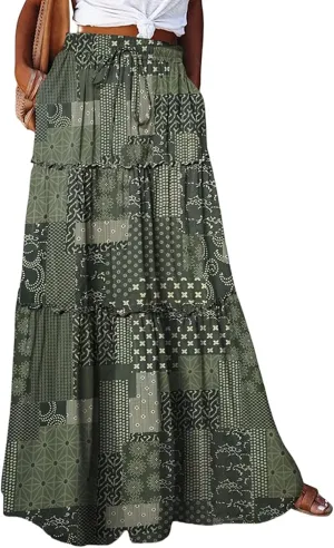 Maxi Skirts for Women Beach Boho Skirts Ruffle Tiered Flowy Swing High Waisted Summer Floral Skort with Pockets