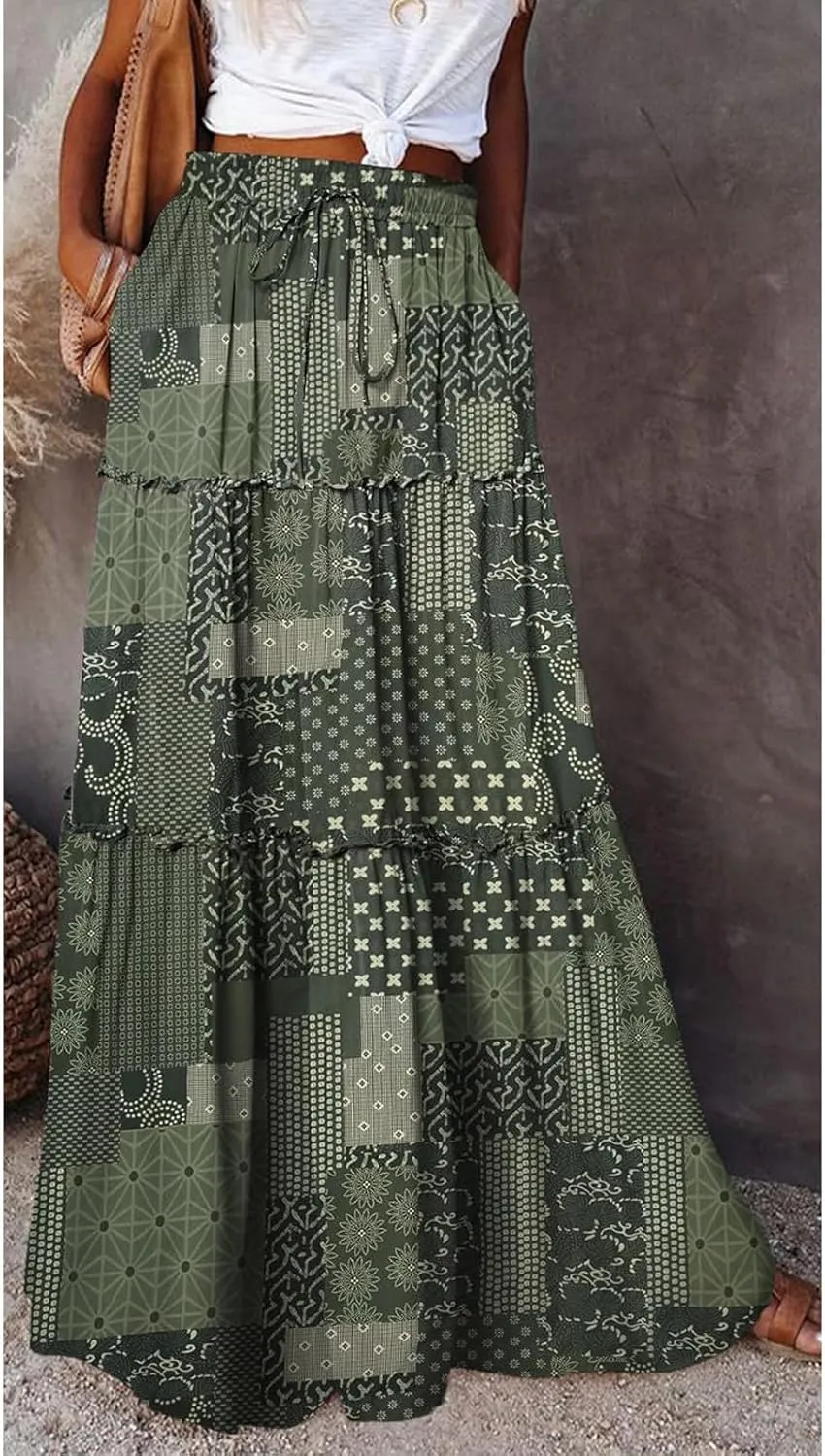 Maxi Skirts for Women Beach Boho Skirts Ruffle Tiered Flowy Swing High Waisted Summer Floral Skort with Pockets