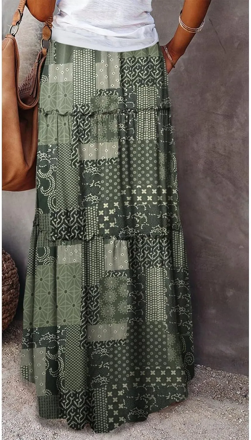 Maxi Skirts for Women Beach Boho Skirts Ruffle Tiered Flowy Swing High Waisted Summer Floral Skort with Pockets