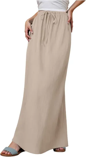 Maxi Skirts for Women Plus Size,Womens Linen Maxi Skirts Elastic Waist Drawstring A Line Skirts Vacation Flowy Skirt