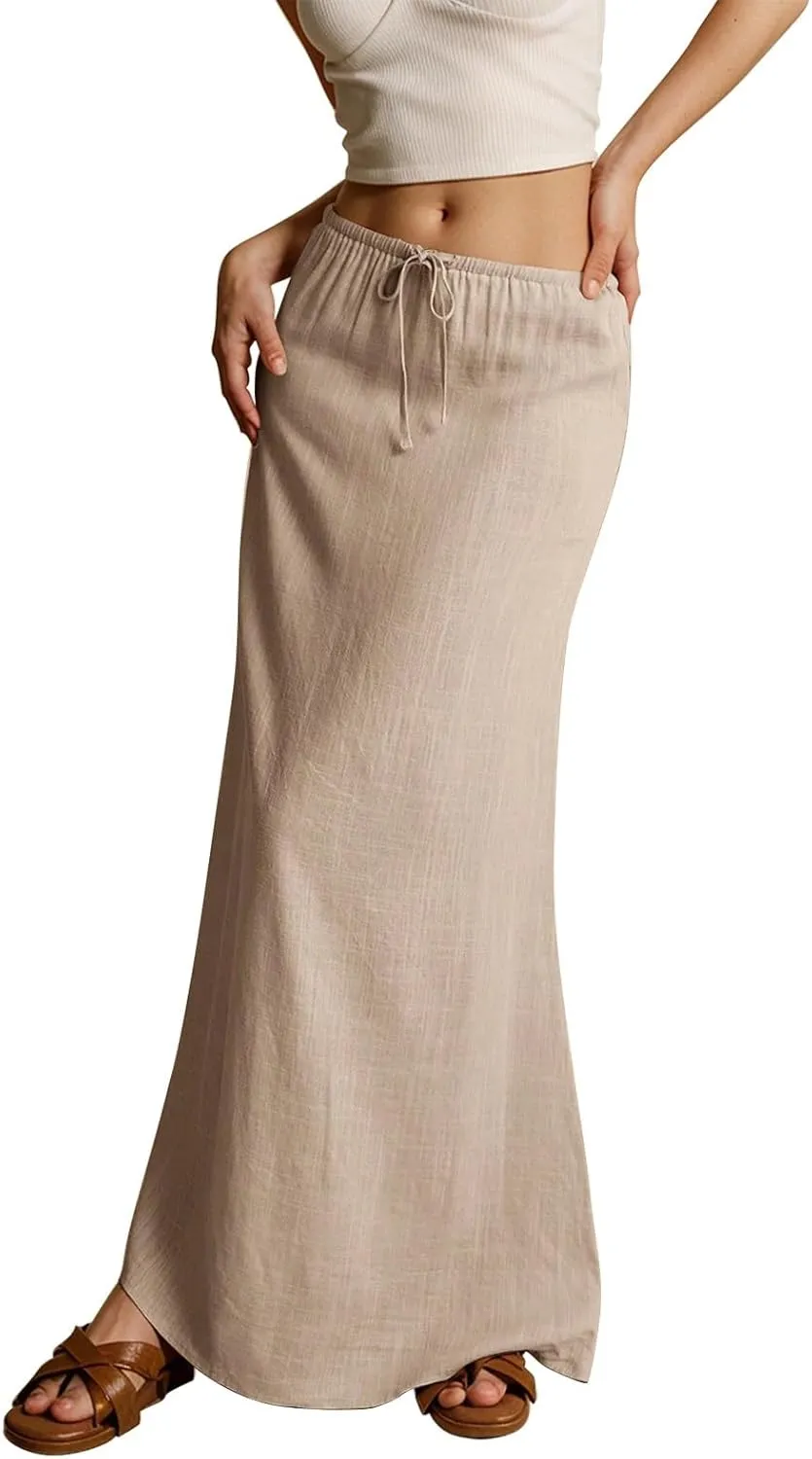 Maxi Skirts for Women Plus Size,Womens Linen Maxi Skirts Elastic Waist Drawstring A Line Skirts Vacation Flowy Skirt