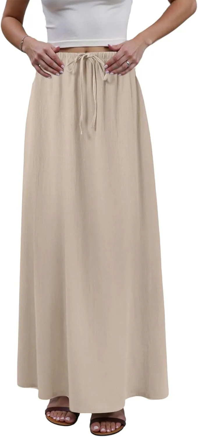 Maxi Skirts for Women Plus Size,Womens Linen Maxi Skirts Elastic Waist Drawstring A Line Skirts Vacation Flowy Skirt