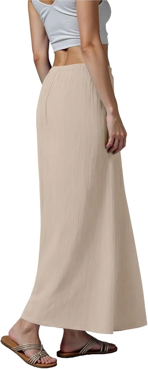 Maxi Skirts for Women Plus Size,Womens Linen Maxi Skirts Elastic Waist Drawstring A Line Skirts Vacation Flowy Skirt