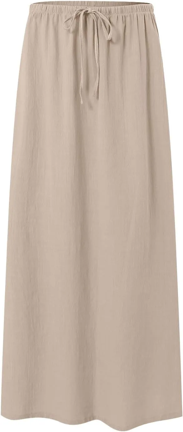 Maxi Skirts for Women Plus Size,Womens Linen Maxi Skirts Elastic Waist Drawstring A Line Skirts Vacation Flowy Skirt