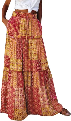 Maxi Skirts for Women Summer Boho Pleated Elastic High Waisted Skirts A-Line Flowy Swing Maxi Skirt with Pockets