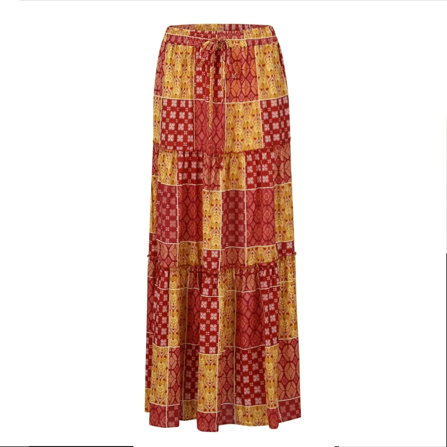 Maxi Skirts for Women Summer Boho Pleated Elastic High Waisted Skirts A-Line Flowy Swing Maxi Skirt with Pockets