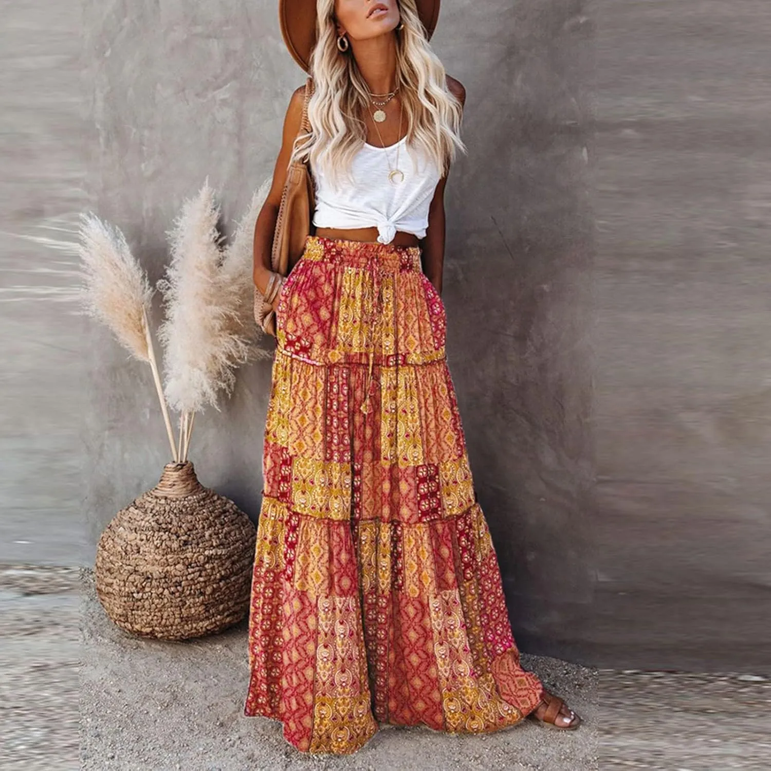 Maxi Skirts for Women Summer Boho Pleated Elastic High Waisted Skirts A-Line Flowy Swing Maxi Skirt with Pockets