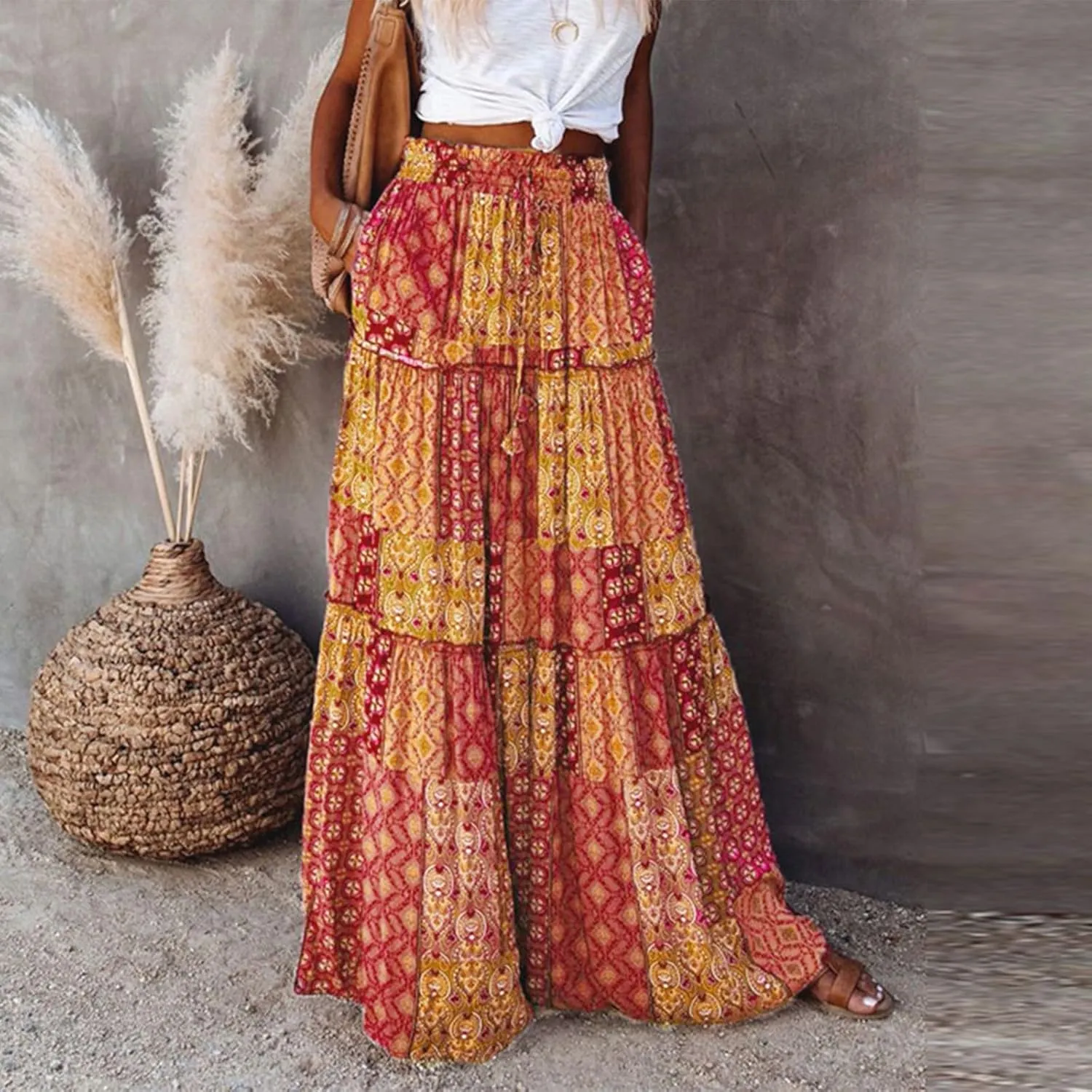 Maxi Skirts for Women Summer Boho Pleated Elastic High Waisted Skirts A-Line Flowy Swing Maxi Skirt with Pockets