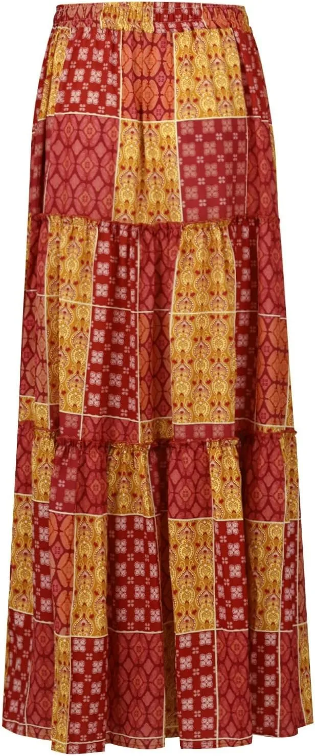 Maxi Skirts for Women Summer Boho Pleated Elastic High Waisted Skirts A-Line Flowy Swing Maxi Skirt with Pockets