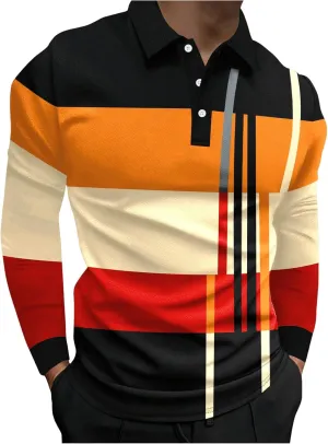 Men's Color Block Striped Print Long Sleeve Shirt Tops Button Down Collared Shirt Golf Casual Shirts Tops