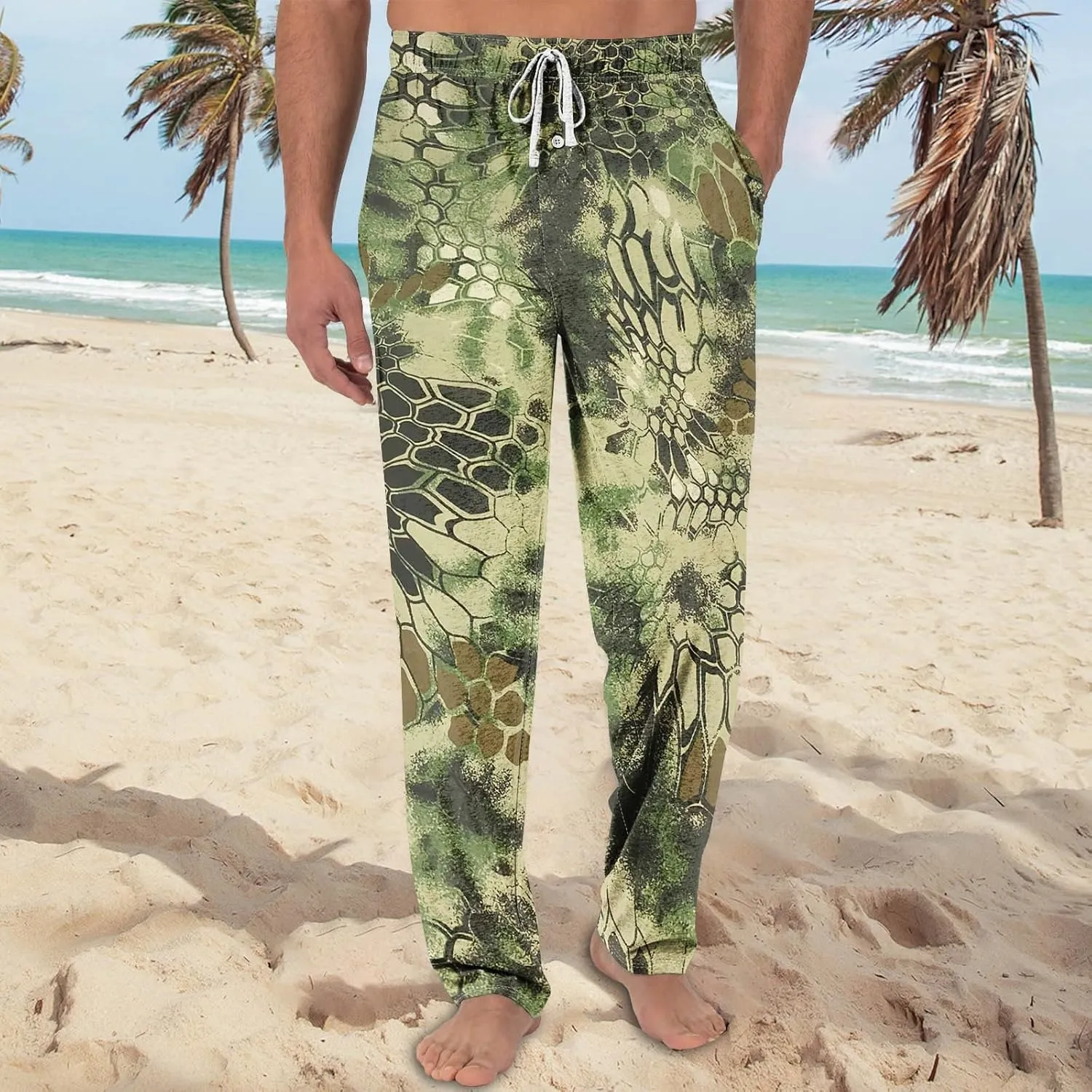 Mens Pajamas Pants Drawstring Soft Comfort Lounge Pjs Bottoms Camo Wide Leg Sleep Pant with Pockets