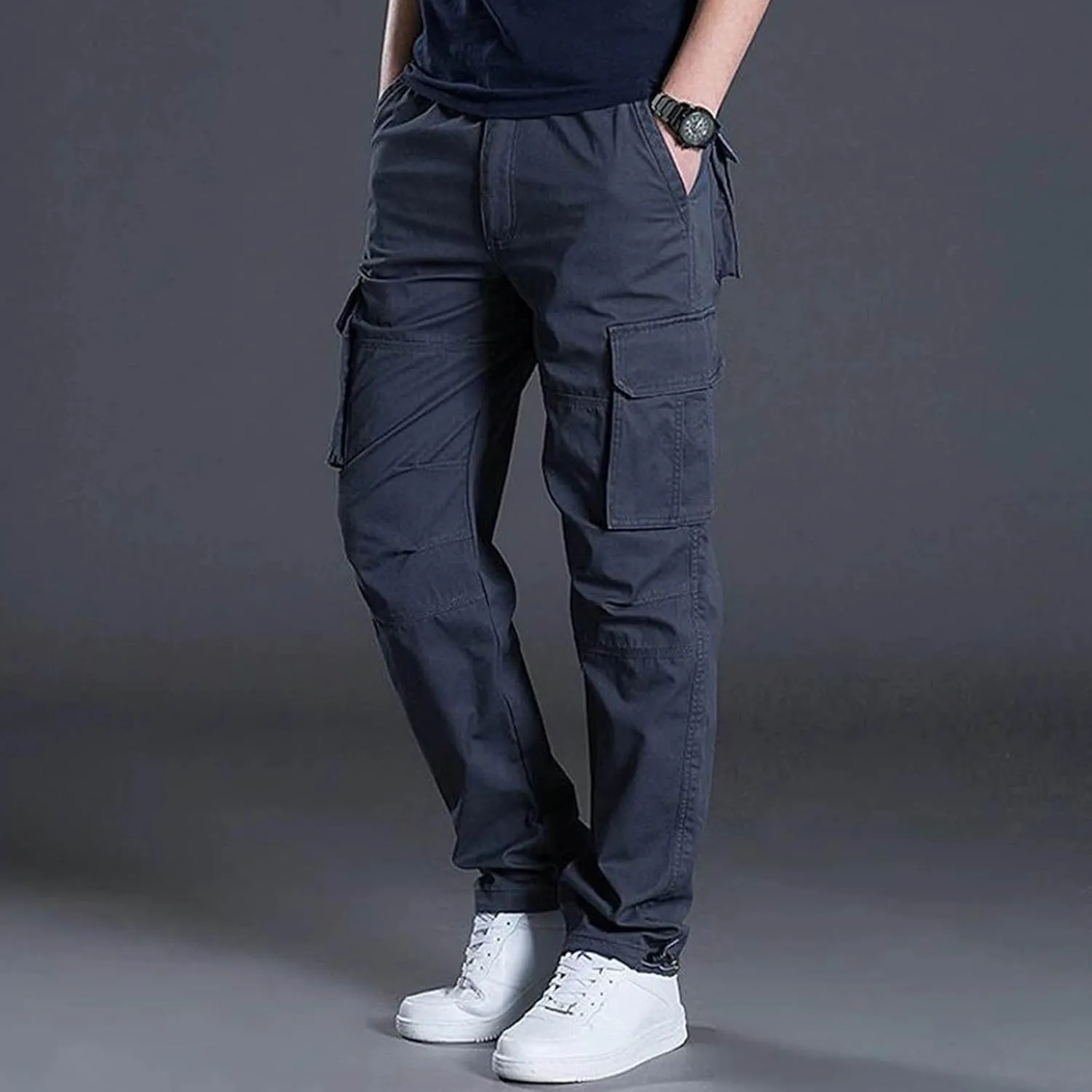Men's Twill Pants Fashion Stretch Relaxed-Fit Cargo Pants Multi-Pocket Outdoor Sports Workout Athletic Work Pants