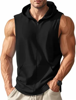 Men's Workout Hooded Tank Tops Sleeveless Bodybuilding Gym T-Shirts Full Zip Sport Fitness Training Vests Muscle Shirt
