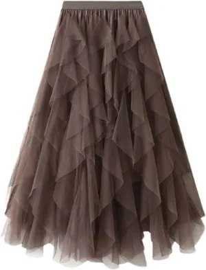 Midi Skirts for Women Lightweight Tummy Control High Elastic Waist Lace Sheer Ruffle Hem A-Line Palazzo Skirts