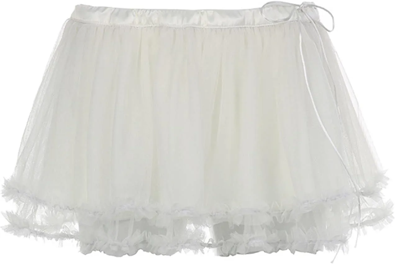 Mini Skirts for Women Trendy Double Ruffle Hem Lightweight Sheer Low Rise Dance Lace Patchwork Short Skirts Summer