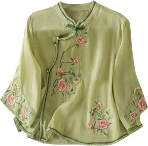 Mzkdieey Women's Cotton Linen Retro Chinese Frog Button Tops Traditional Mandarin Collar Shirts Floral Embroidered Blouse