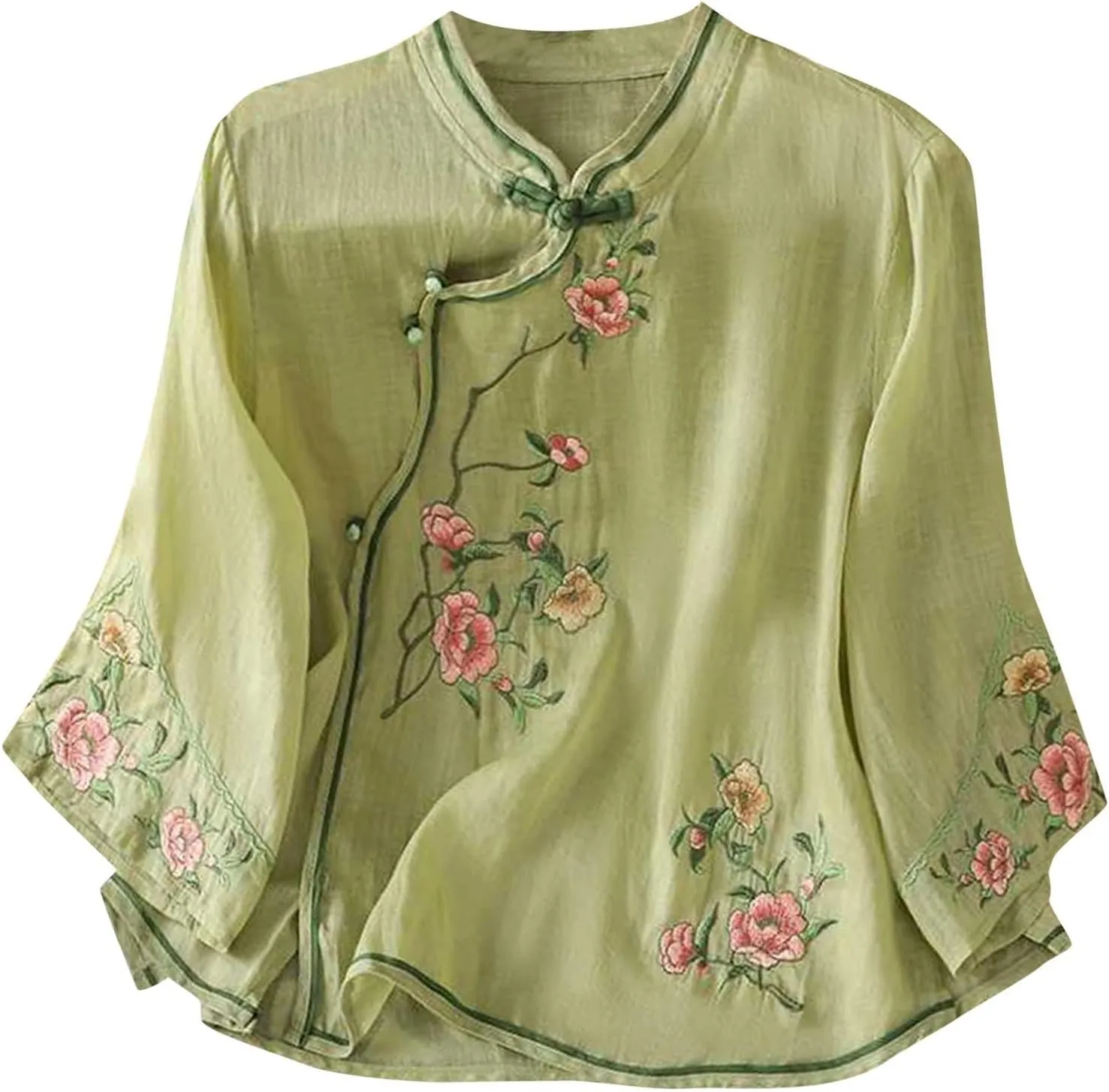 Mzkdieey Women's Cotton Linen Retro Chinese Frog Button Tops Traditional Mandarin Collar Shirts Floral Embroidered Blouse