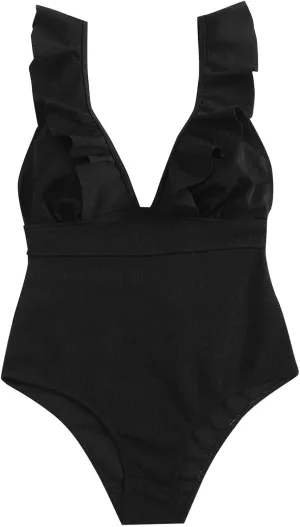 NATHGAM One Piece Swimsuit Women Tummy Control Swimsuits High Waisted Lace Up Back Bathing Suit Ruffle Backless Swimwear