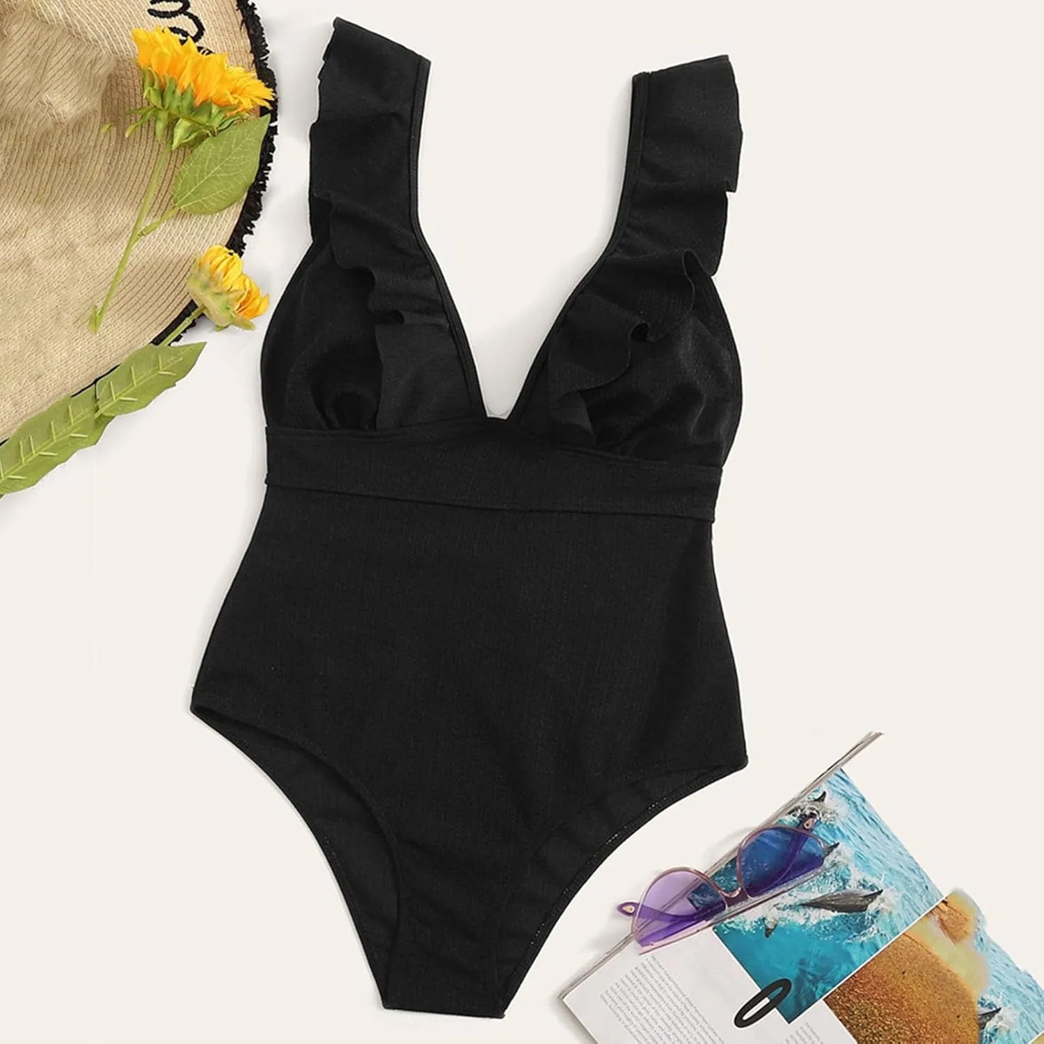 NATHGAM One Piece Swimsuit Women Tummy Control Swimsuits High Waisted Lace Up Back Bathing Suit Ruffle Backless Swimwear