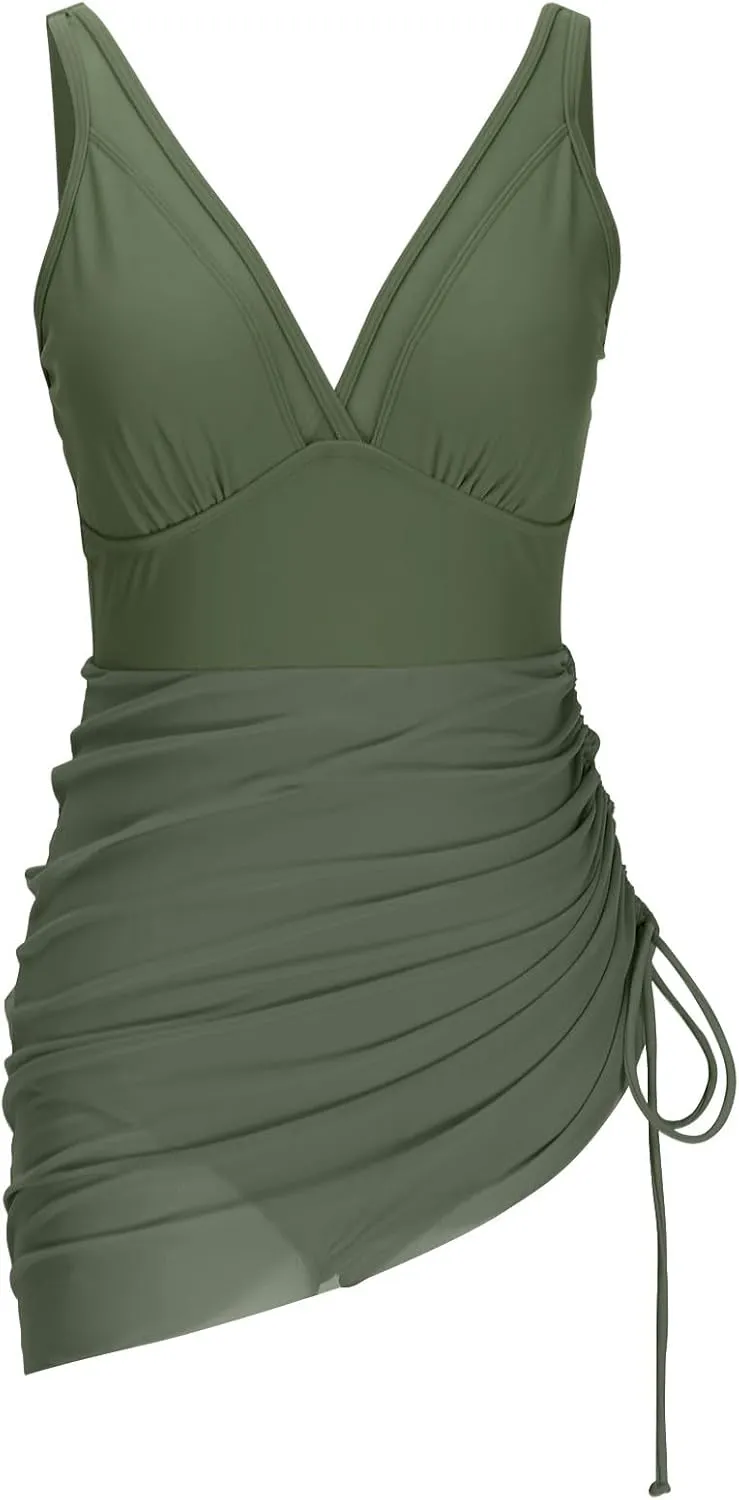 One Piece Swimsuit Women Modest Tummy Control Swimsuits Slimming Mesh Sheer Wraps Bathing Suits with Skirt