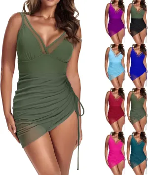 One Piece Swimsuit Women Modest Tummy Control Swimsuits Slimming Mesh Sheer Wraps Bathing Suits with Skirt
