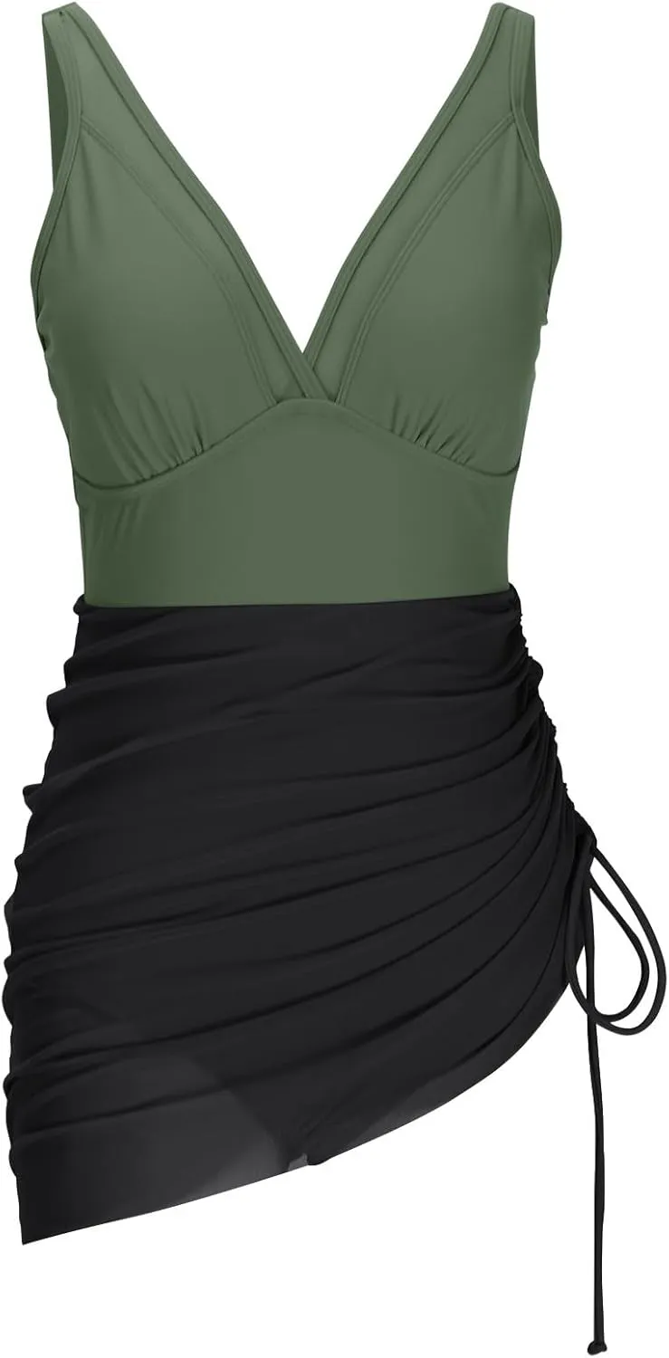 One Piece Swimsuit Women Modest Tummy Control Swimsuits Slimming Mesh Sheer Wraps Bathing Suits with Skirt