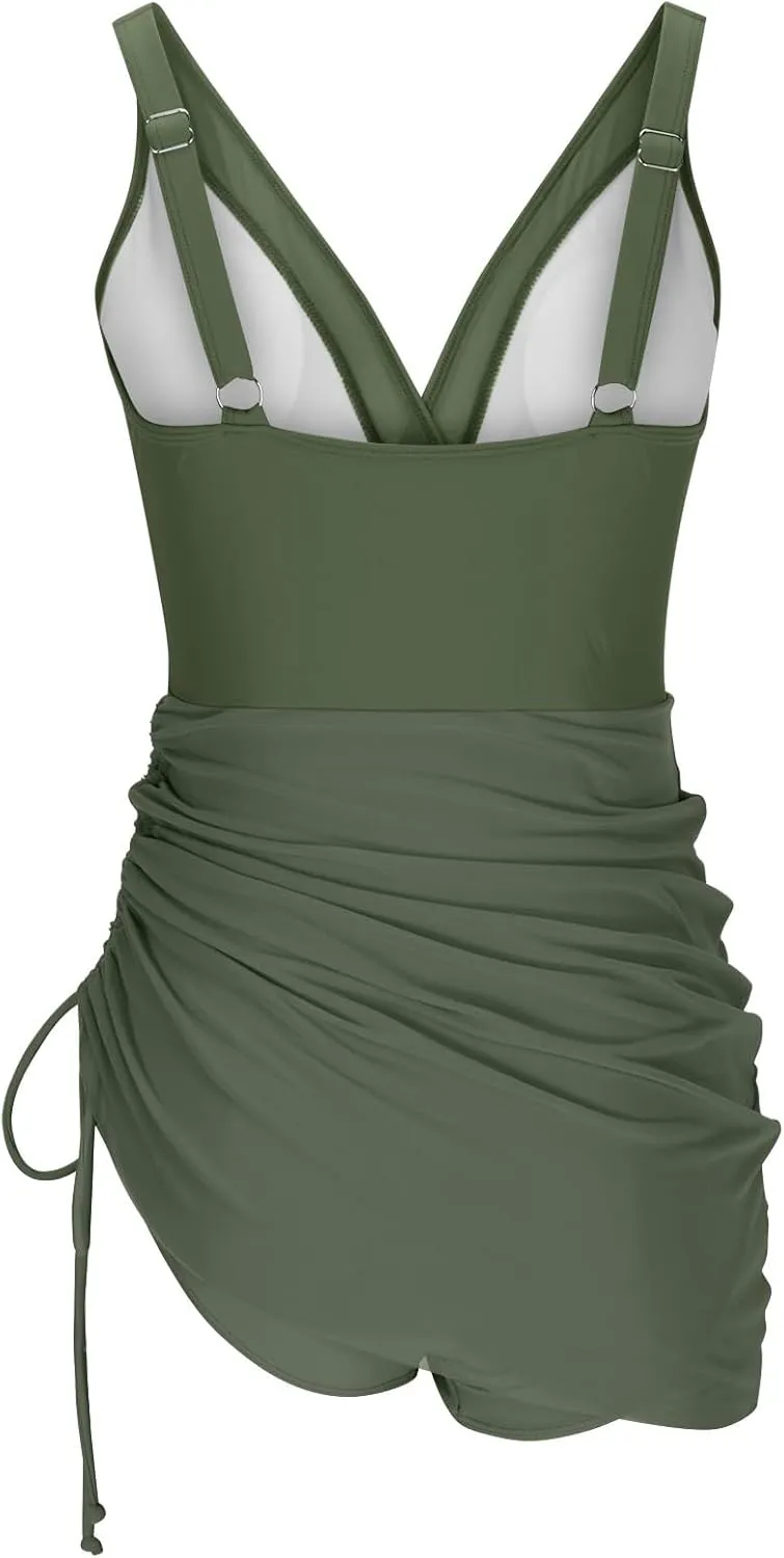 One Piece Swimsuit Women Modest Tummy Control Swimsuits Slimming Mesh Sheer Wraps Bathing Suits with Skirt