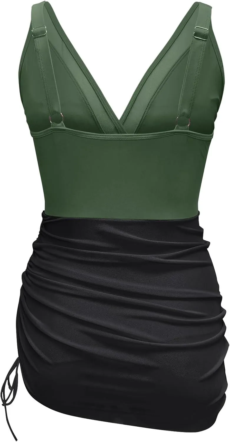 One Piece Swimsuit Women Modest Tummy Control Swimsuits Slimming Mesh Sheer Wraps Bathing Suits with Skirt