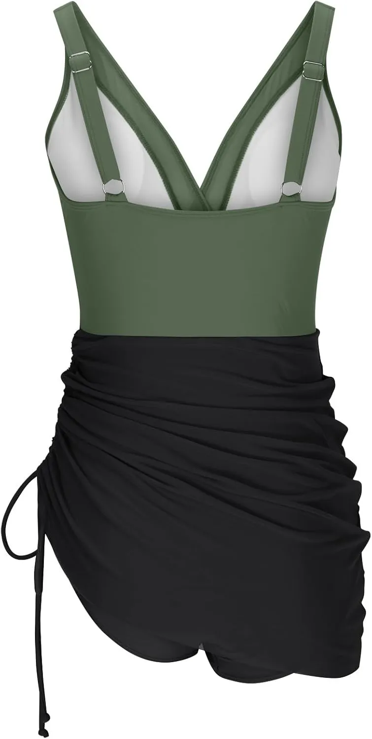 One Piece Swimsuit Women Modest Tummy Control Swimsuits Slimming Mesh Sheer Wraps Bathing Suits with Skirt