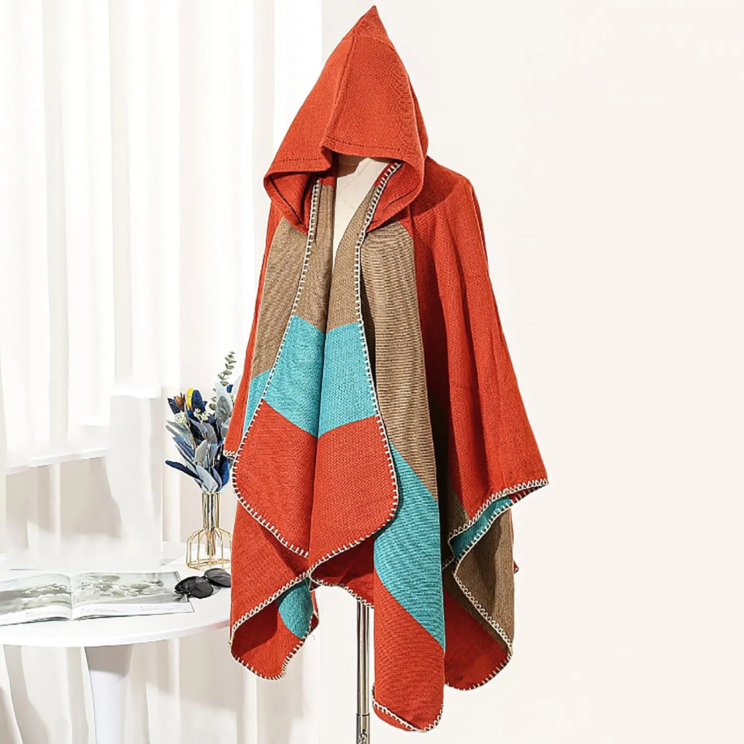 Oplxuo Women's Hooded Cloak Shawls Wraps Color Block Knit Scarf Shawl Soft Warm Poncho Cape Cardigan Sweater