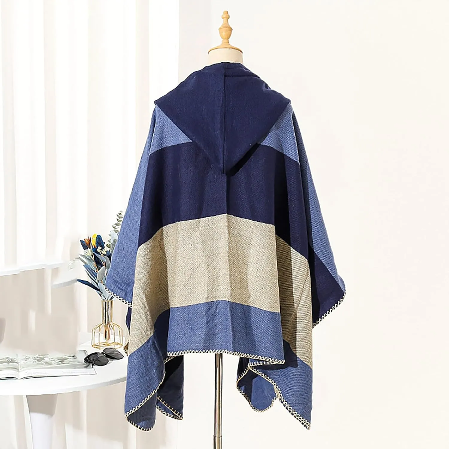 Oplxuo Women's Hooded Cloak Shawls Wraps Color Block Knit Scarf Shawl Soft Warm Poncho Cape Cardigan Sweater