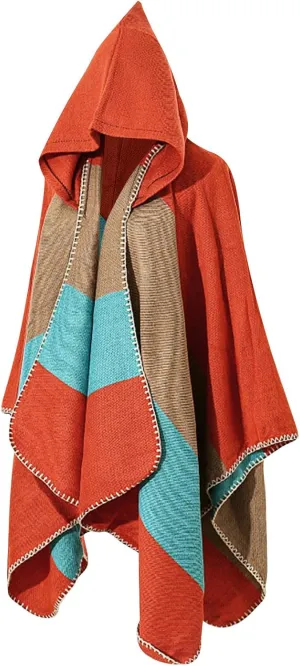 Oplxuo Women's Hooded Cloak Shawls Wraps Color Block Knit Scarf Shawl Soft Warm Poncho Cape Cardigan Sweater