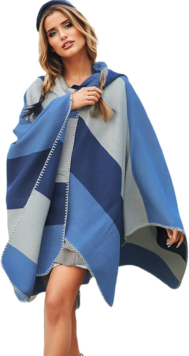 Oplxuo Women's Hooded Cloak Shawls Wraps Color Block Knit Scarf Shawl Soft Warm Poncho Cape Cardigan Sweater