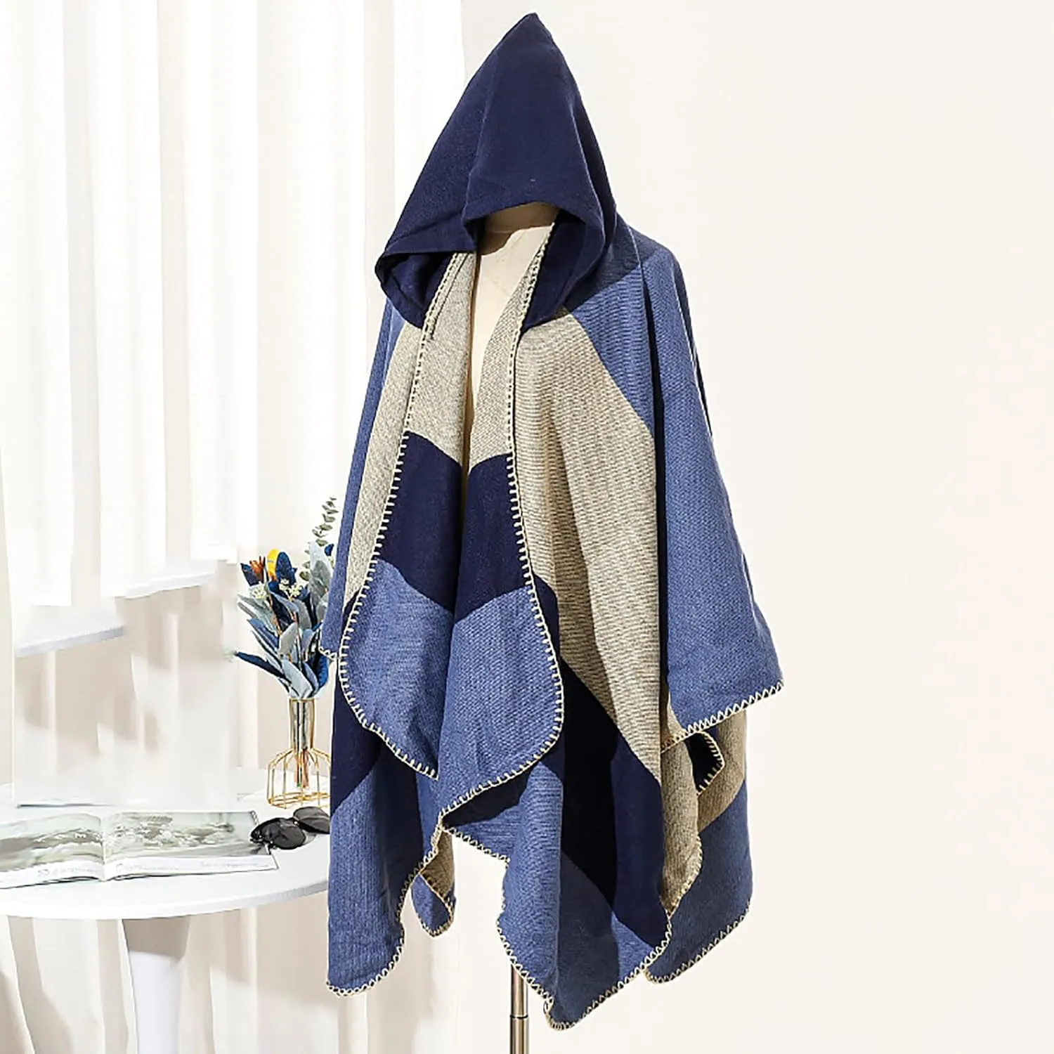 Oplxuo Women's Hooded Cloak Shawls Wraps Color Block Knit Scarf Shawl Soft Warm Poncho Cape Cardigan Sweater