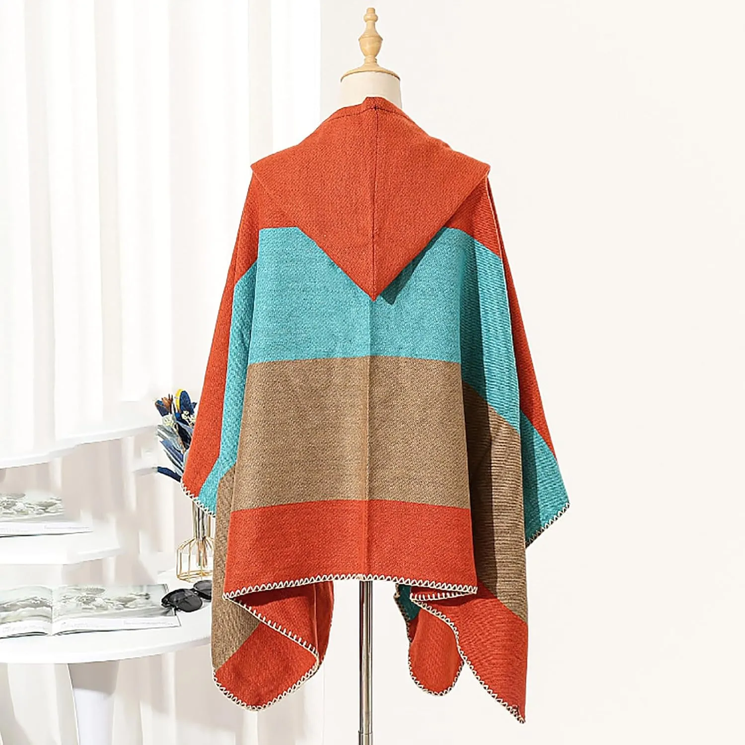 Oplxuo Women's Hooded Cloak Shawls Wraps Color Block Knit Scarf Shawl Soft Warm Poncho Cape Cardigan Sweater