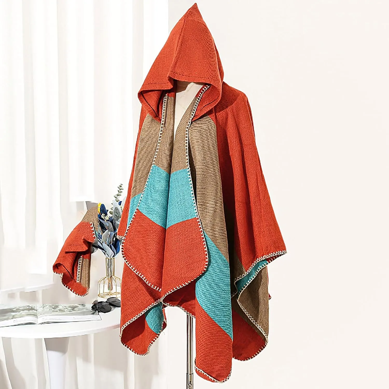 Oplxuo Women's Hooded Cloak Shawls Wraps Color Block Knit Scarf Shawl Soft Warm Poncho Cape Cardigan Sweater