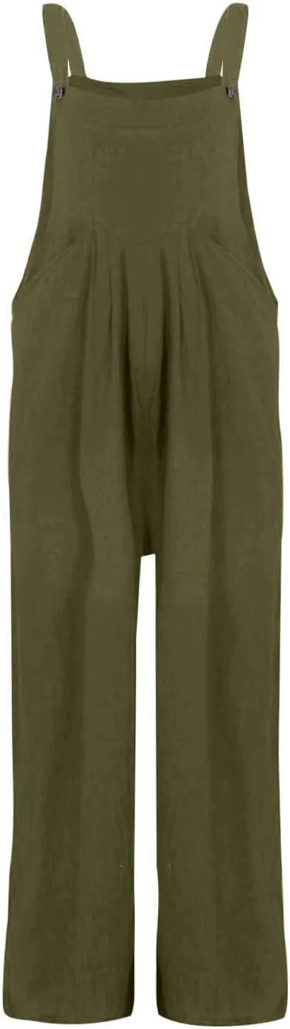 Overalls for Women Linen Casual Sleeveless Jumpsuits Straps Bib Overalls Baggy Pleated Palazzo Pants with Pockets