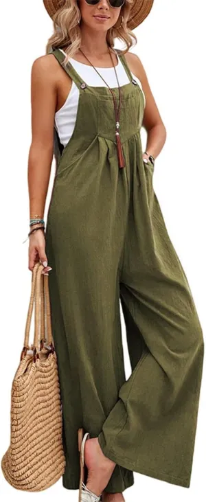 Overalls for Women Linen Casual Sleeveless Jumpsuits Straps Bib Overalls Baggy Pleated Palazzo Pants with Pockets
