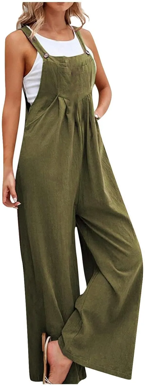 Overalls for Women Linen Casual Sleeveless Jumpsuits Straps Bib Overalls Baggy Pleated Palazzo Pants with Pockets